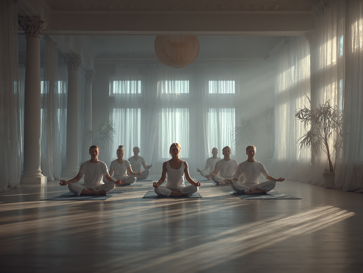 Група людей різного віку виконує йогу в спокійній обстановці